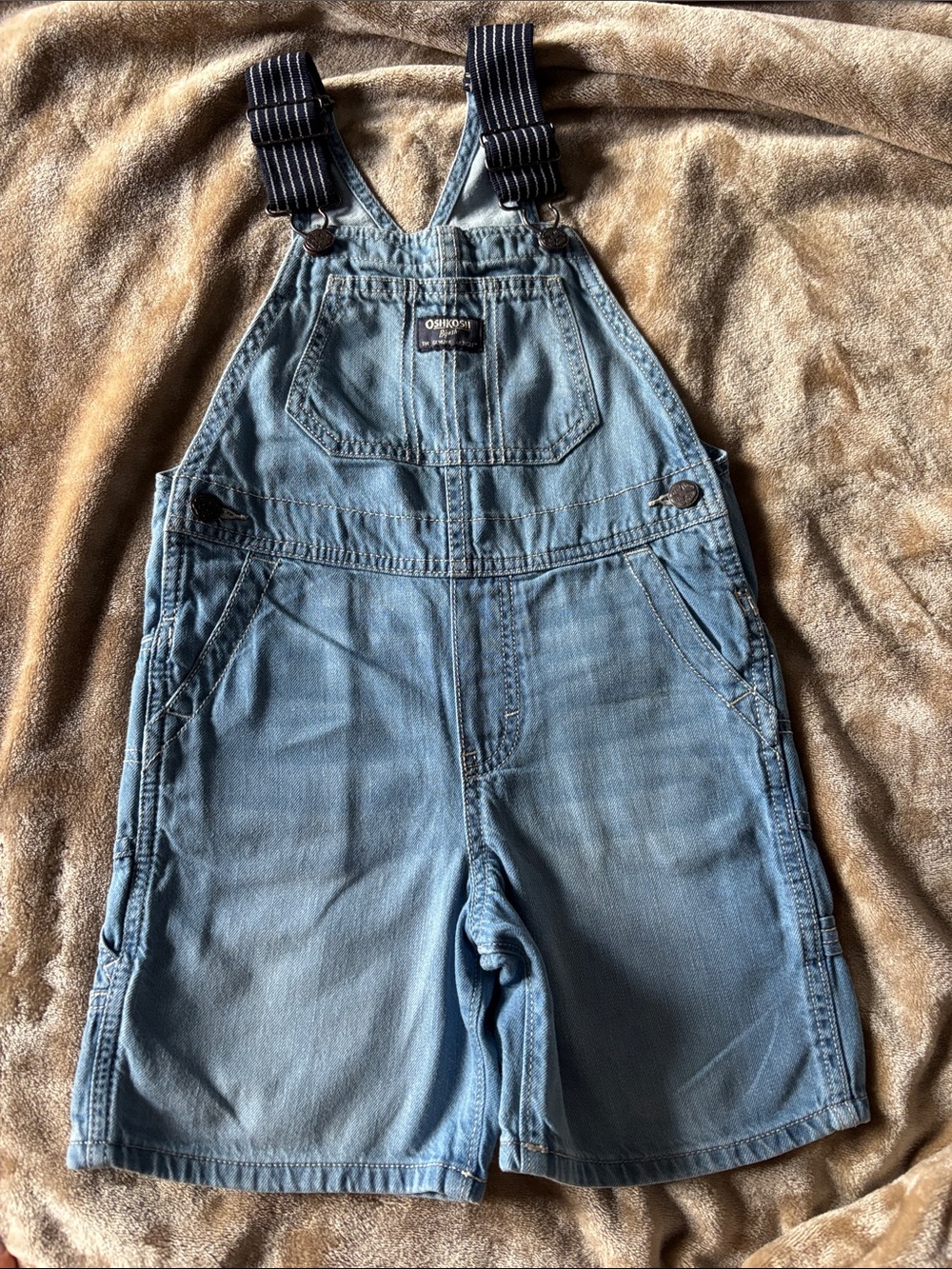 OshKosh B'gosh Light Blue Denim Short Overalls with Navy Striped Straps -